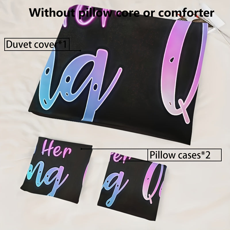 3pcs Couple Duvet Cover Set, Soft High-Definition Digital Print, Black With Colorful Text, Breathable Polyester, Perfect Gift For All Seasons, Machine Washable (1 Duvet Cover + 2 Pillowcases, No Insert)