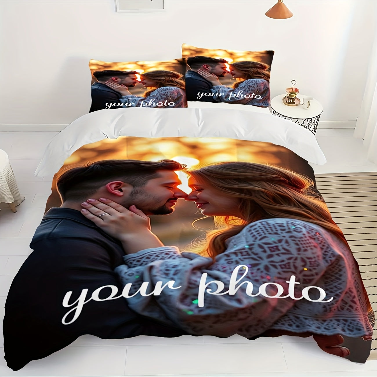3pcs Personalized Photo Bedding Set - Customizable Couple Image on Polyester Duvet Cover with Zipper Closure & Pillowcases (1 Duvet Cover + 2 Pillowcases), Machine Washable - Ideal for Bedroom and Camping, All-Season Use, Duvet Customization|Custom Image