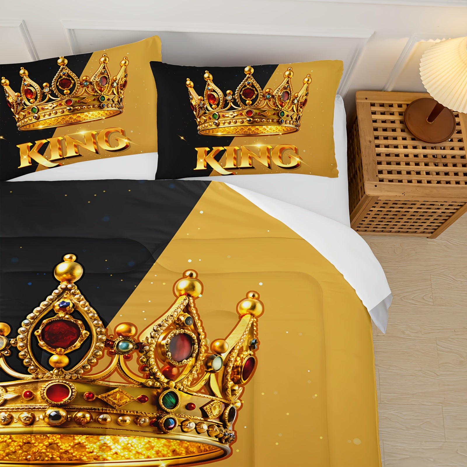 3pcs Crown Queen And King Quilt Set, His And Hers Matching Couple Bedding Set, Lover Mr Mrs Valentine'S Day Theme Black And Yellow Bedding Set, Ruby Crown Print Wedding Room Decor, 1 Comforter+2 Pillowcases (without Pillow Core)
