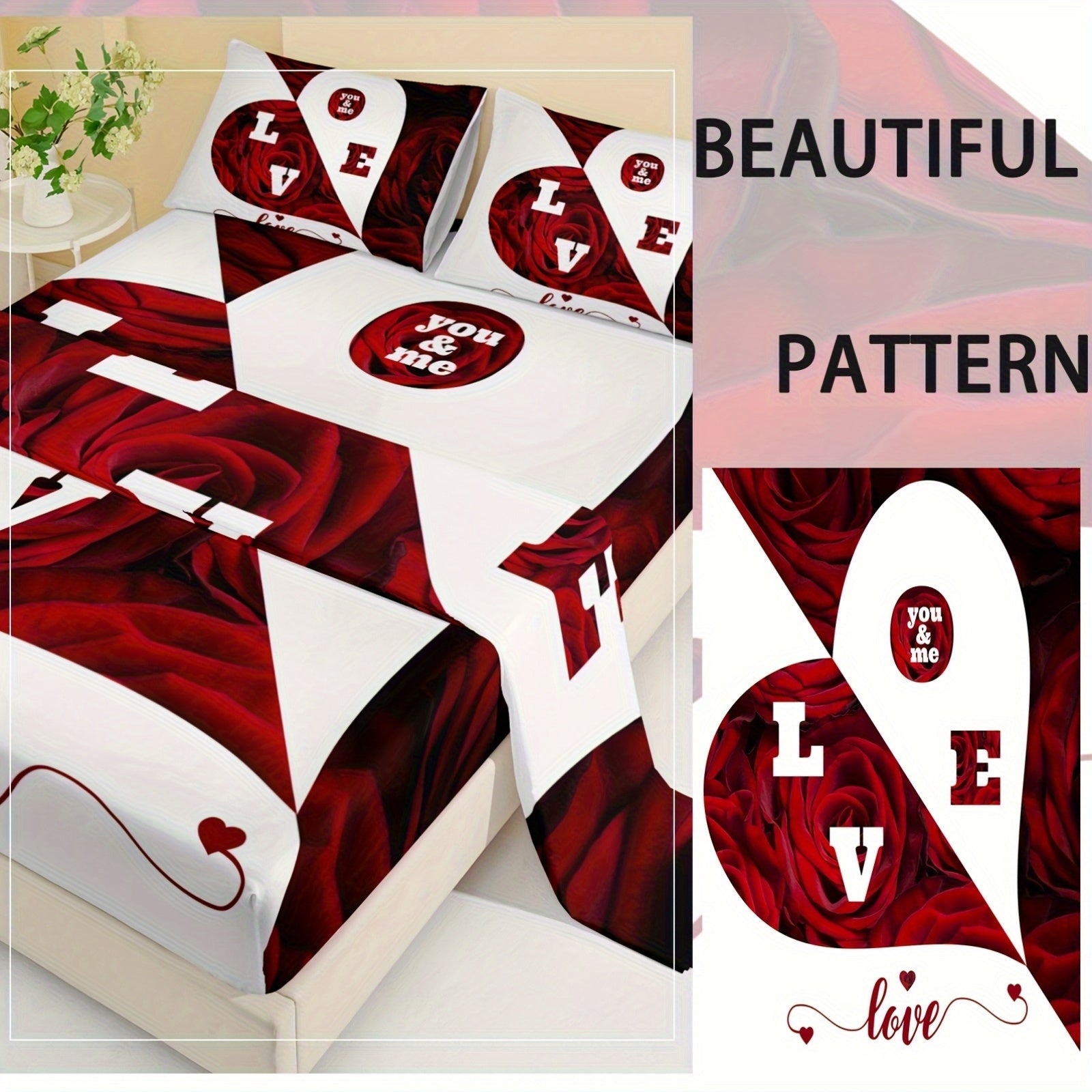 4pcs Red And White Roses Sheet Set, Heart Shaped Valentine'S Day Couples Bedding With Flat Sheet, Duvet Cover And 2 Pillowcases - Breathable, Suitable For All Seasons, Suitable For Bedroom, Guest Room And Hotel