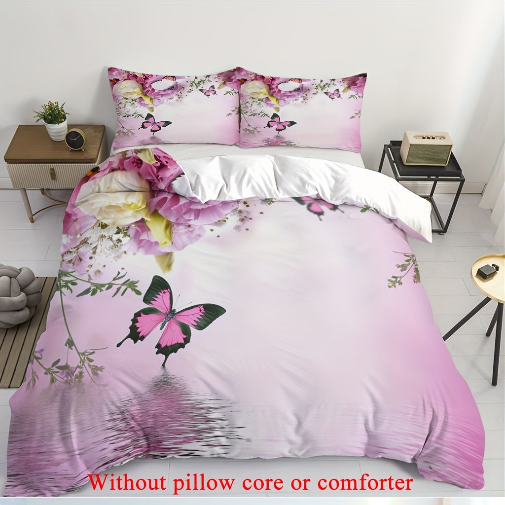 2/3pcs (1 Duvet Cover + 1/2 Pillowcase, Without Core) Pink Rose Flowers Sparkling Butterfly Green Branches and Leaves Ripple Romantic Valentine's Day Wishes for Couples 3D Print Soft Comfortable Bedding Set for Bedroom Dorm Room Family Gift