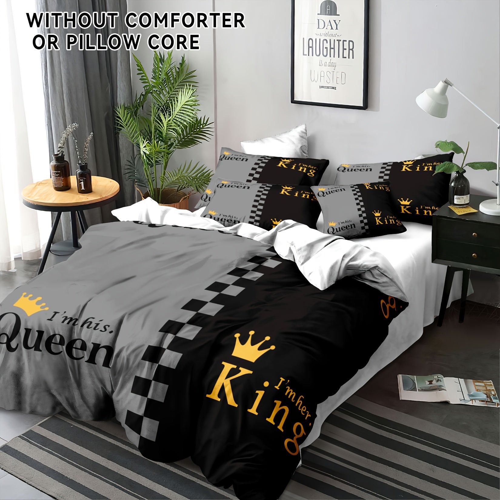 3pcs Valentine's Day Duvet Cover Set - "KING & QUEEN" Crown Design in Black & Gray, Soft & Breathable Polyester, Includes 1 Duvet Cover and 1/2 Pillowcases, Zip Closure, Machine Washable for All-Season Comfort, Couples Bedding Set|Playful Text
