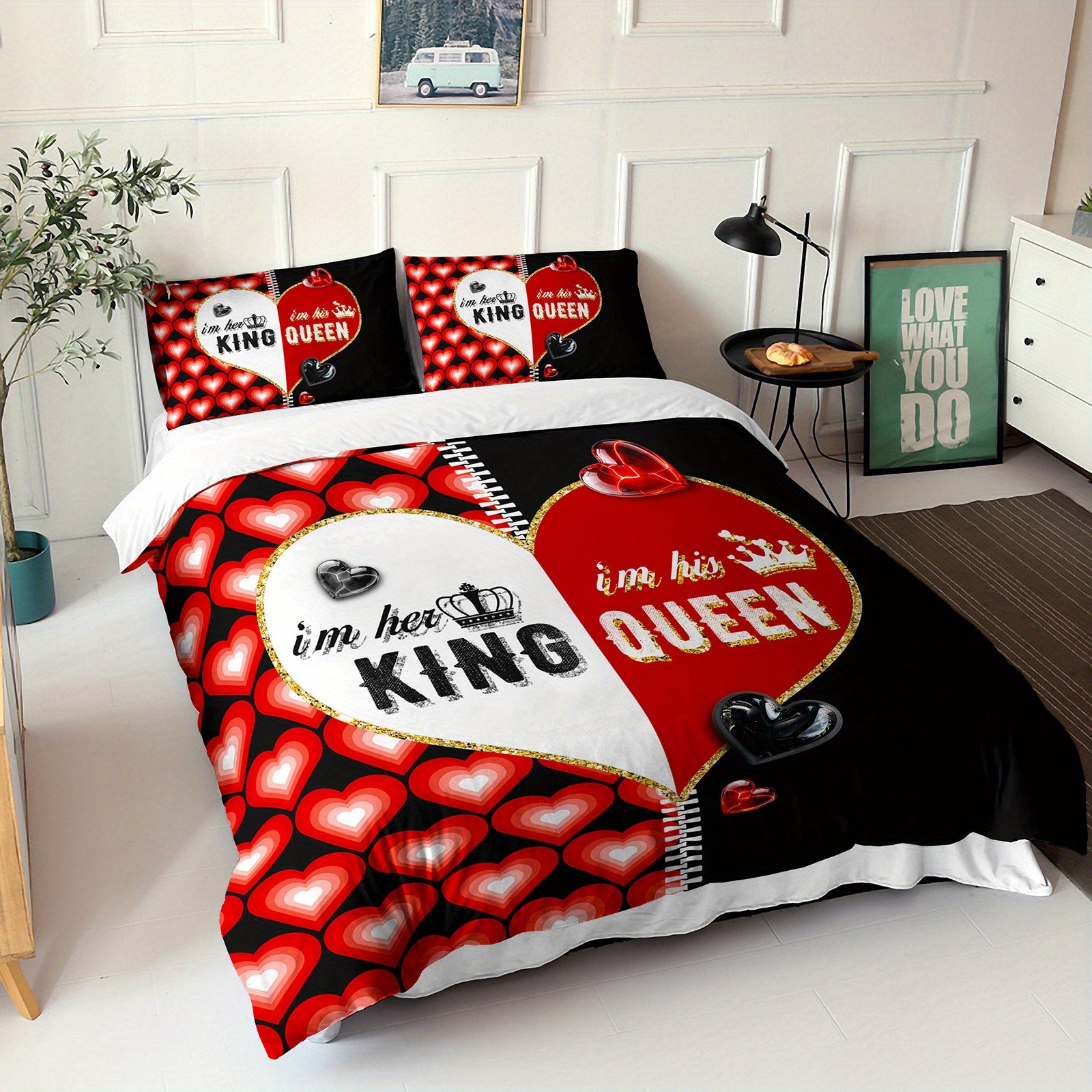 3pcs Red Heart King Queen Duvet Cover Couples Bedding Set Romantic Bedroom Decor Four Seasons (1Duvet Cover + 2Pillowcases NO Comforter)
