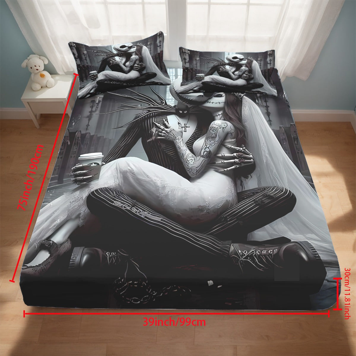 3pcs Disney Jack and Sally themed fitted sheet set for bed bedroom decor design unique art couple love story (1*Fitted Sheet+2*Pillowcase, Without Core), Suitable for Bedding Decoration Mattress Cover Set