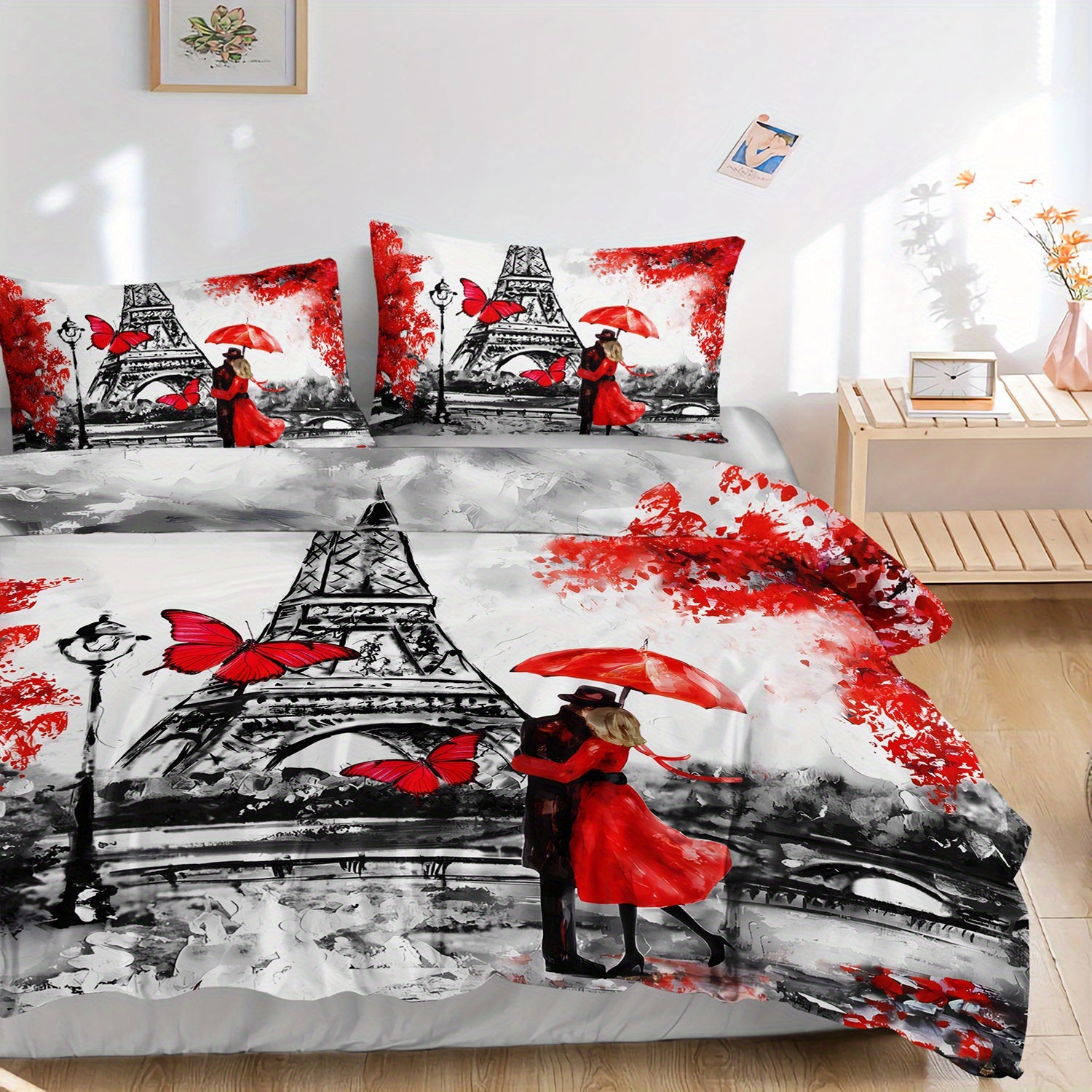 3pcs Paris Eiffel Tower Romantic Couple 3D Digital Printed Duvet Cover SetParisian Love Bedding Set for Four SeasonRed & Black Bedding for Bedroom or Guest Room DecorPolyester Comforter Cover Gift 1 Quilt Cover+2 Pillowcases