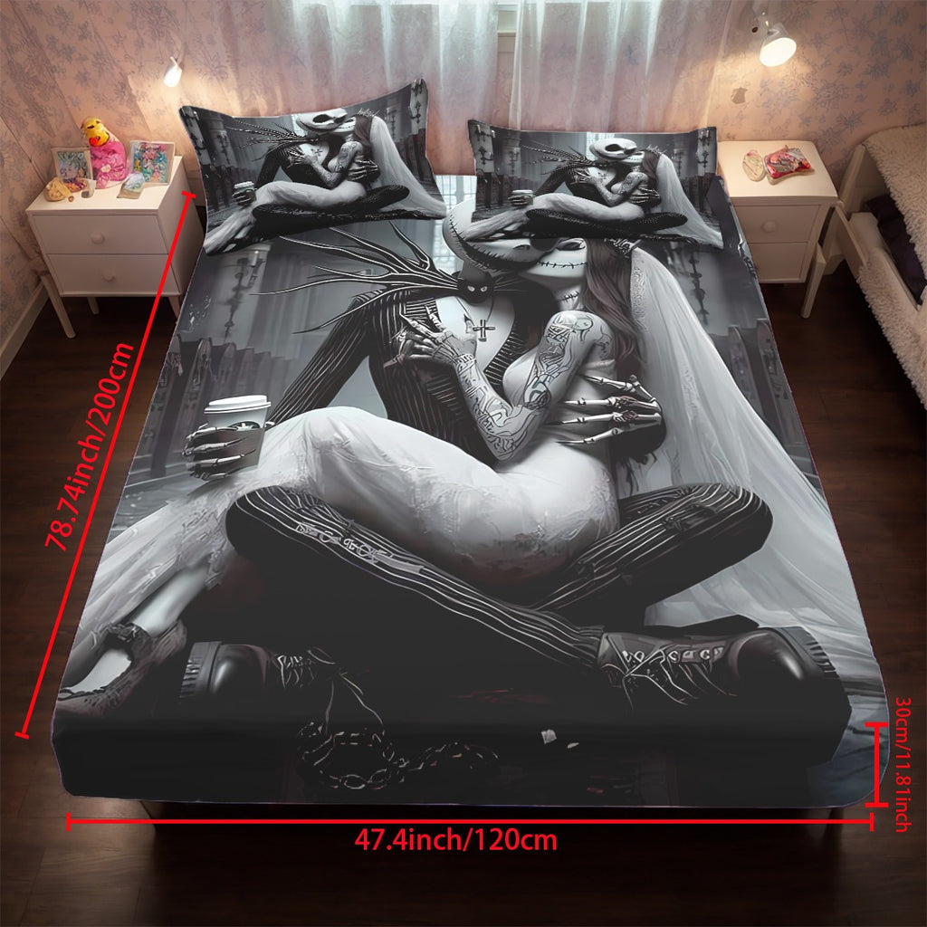 3pcs Disney Jack and Sally themed fitted sheet set for bed bedroom decor design unique art couple love story (1*Fitted Sheet+2*Pillowcase, Without Core), Suitable for Bedding Decoration Mattress Cover Set