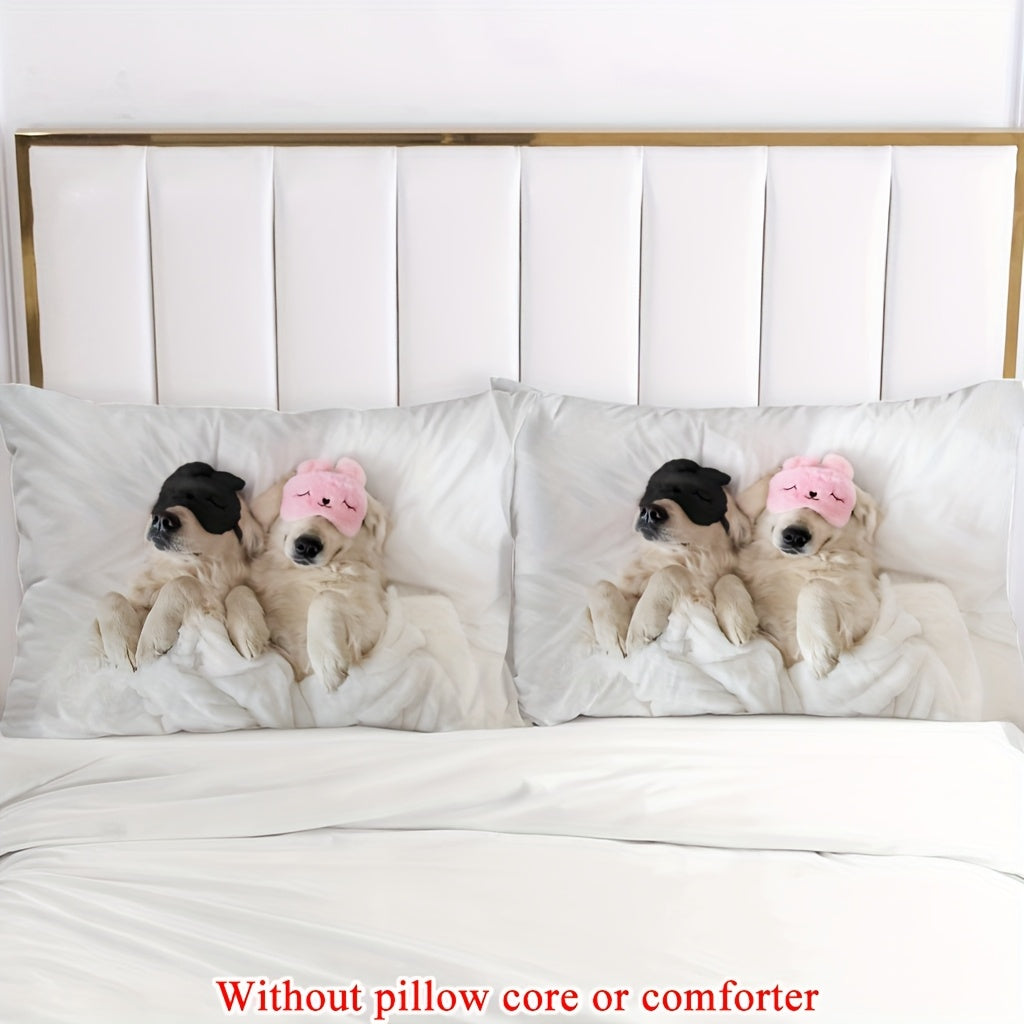 2/3pcs (1 Duvet Cover + 1/2 Pillowcase, Without Core) Couple Valentine's Day Romantic Golden Retriever Two adorable pet dogs lying on a white bed wearing eye masks funny Print Soft Comfortable Bedding Set for Bedroom Dorm Room Family Gift