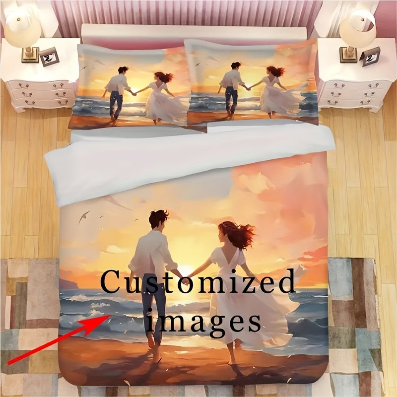 3pcs Customizable Photo Bedding Set, Breathable And Soft, Suitable for All Seasons, Ideal for Home Use, Gifts for Family And Friends, Perfect for Bedroom Decor, Dormitories, And RV Trips