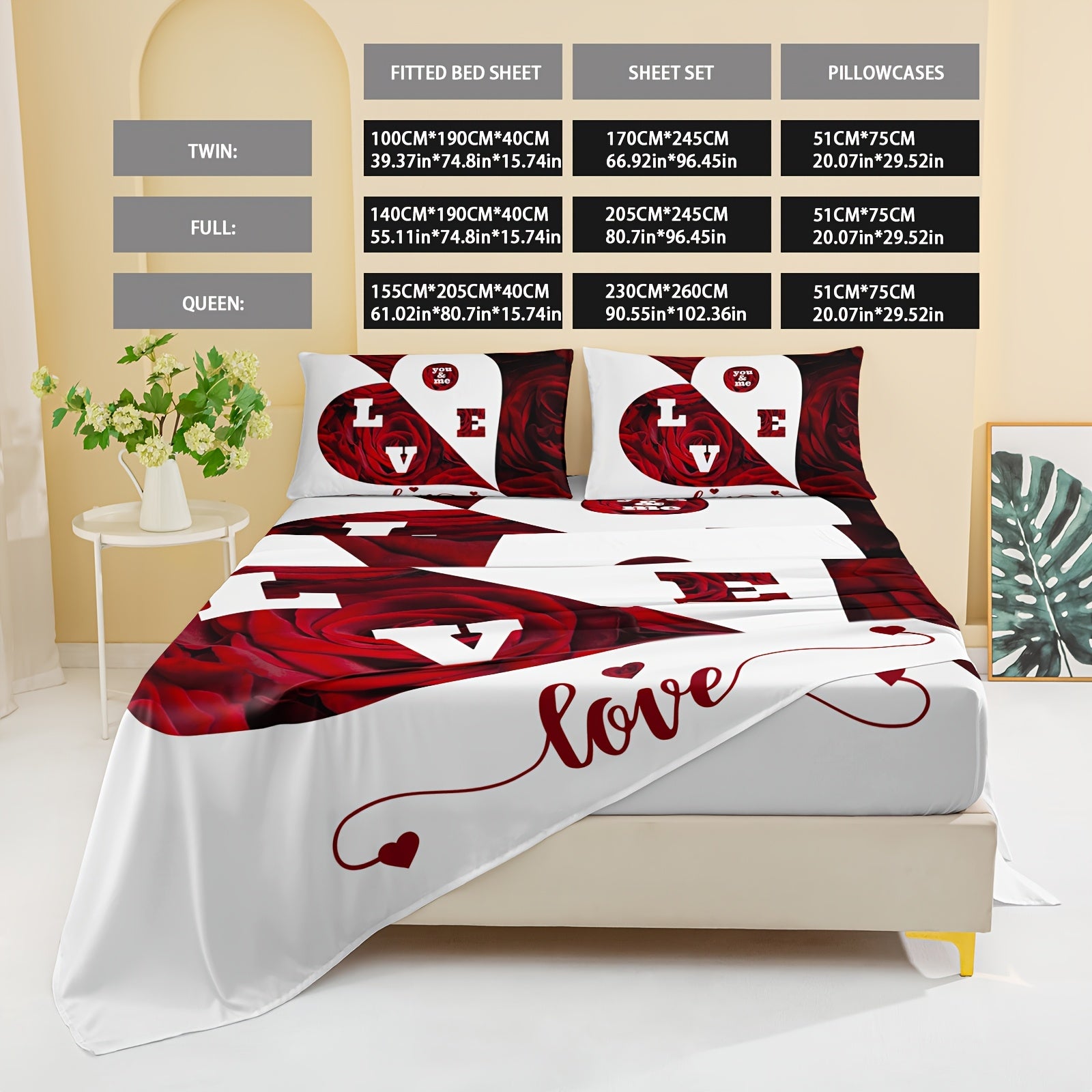 4pcs Red And White Roses Sheet Set, Heart Shaped Valentine'S Day Couples Bedding With Flat Sheet, Duvet Cover And 2 Pillowcases - Breathable, Suitable For All Seasons, Suitable For Bedroom, Guest Room And Hotel