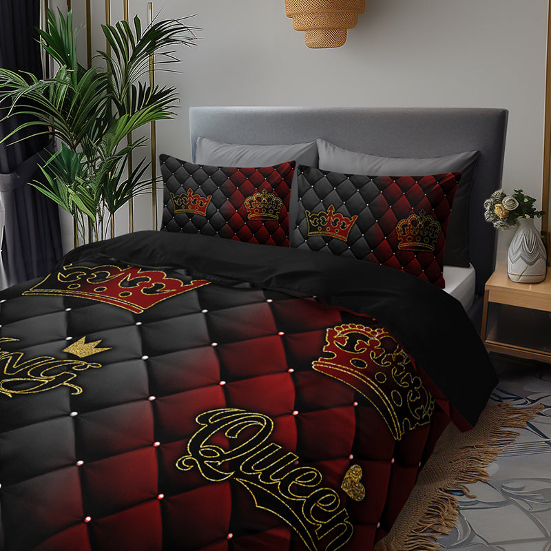 2/3pcs King and Queen Luxury Dark Red Golden Crown Bedding Set, 1 Fitted Sheet + 1/2 Pillowcases (Excluding Pillows), High-Definition Print for All Seasons, Home & Dorm Use