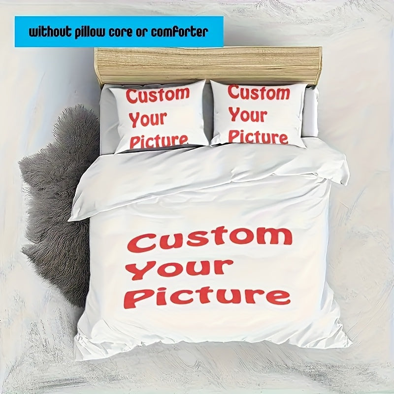 Custom 3pcs Bedding Set with Personalized Photo, Includes 1 Duvet Cover and 2 Pillowcases, Soft Breathable Polyester Down Comforter Cover and Pillowcase, Zipper Closure, Machine Washable, Suitable for Bedroom or Guest Room All-Season Comfort