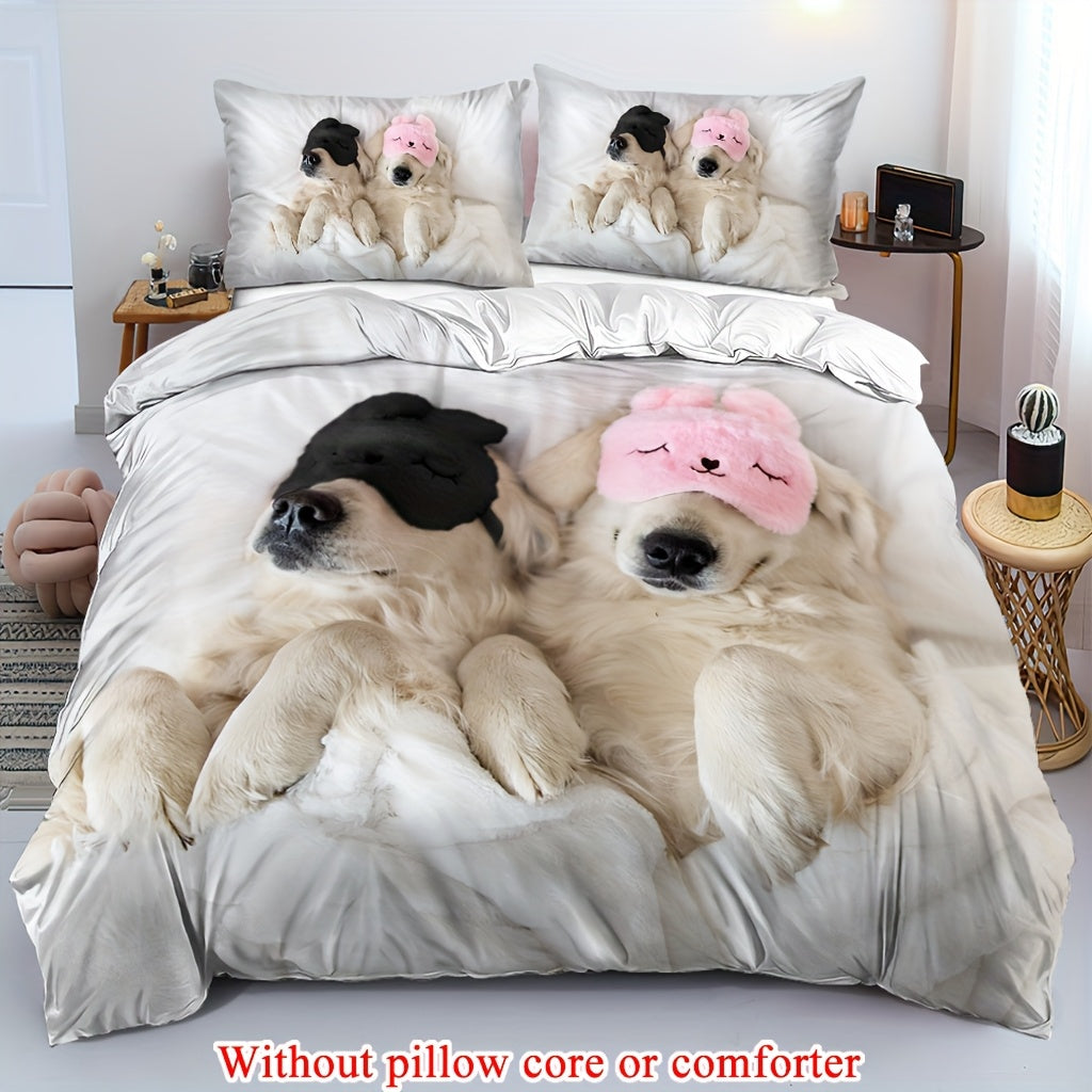 2/3pcs (1 Duvet Cover + 1/2 Pillowcase, Without Core) Couple Valentine's Day Romantic Golden Retriever Two adorable pet dogs lying on a white bed wearing eye masks funny Print Soft Comfortable Bedding Set for Bedroom Dorm Room Family Gift