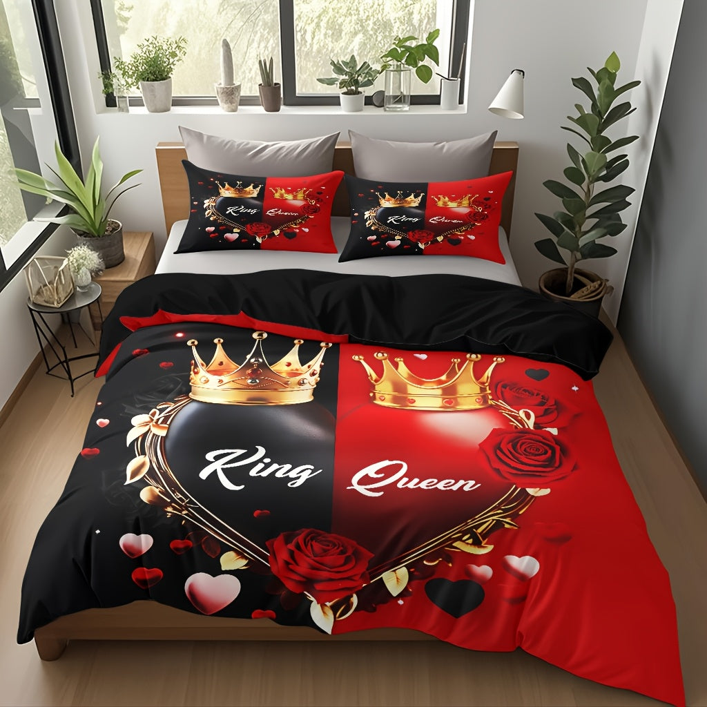3pcs Comfortable King And Queen Theme Bedding Set, Soft High-Definition Digital Print, Cozy Romantic Black And Red Color, Perfect Gift, All-Season Use! Machine Washable (1 Duvet Cover + 2 Pillowcases, No Filling)