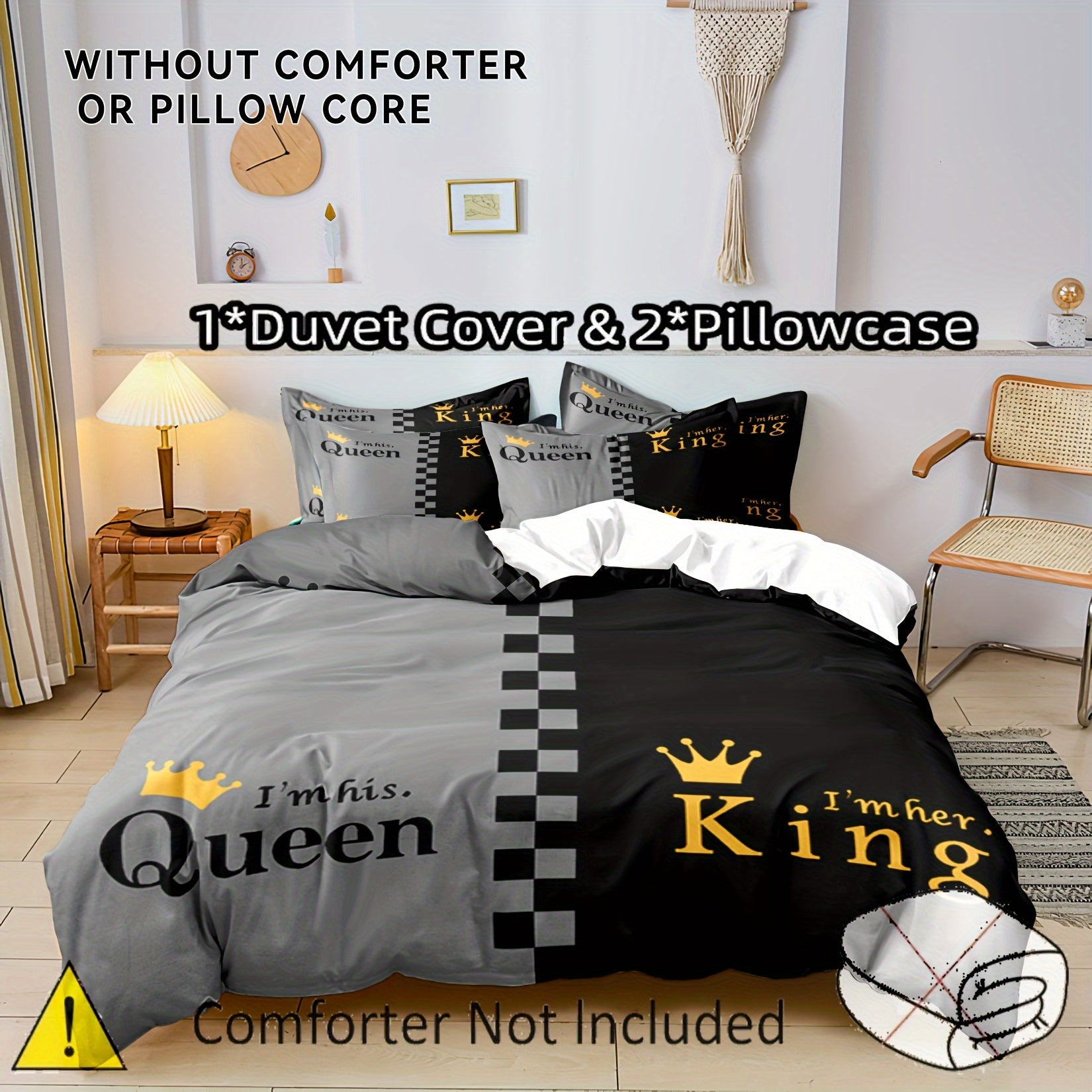 3pcs Valentine's Day Duvet Cover Set - "KING & QUEEN" Crown Design in Black & Gray, Soft & Breathable Polyester, Includes 1 Duvet Cover and 1/2 Pillowcases, Zip Closure, Machine Washable for All-Season Comfort, Couples Bedding Set|Playful Text