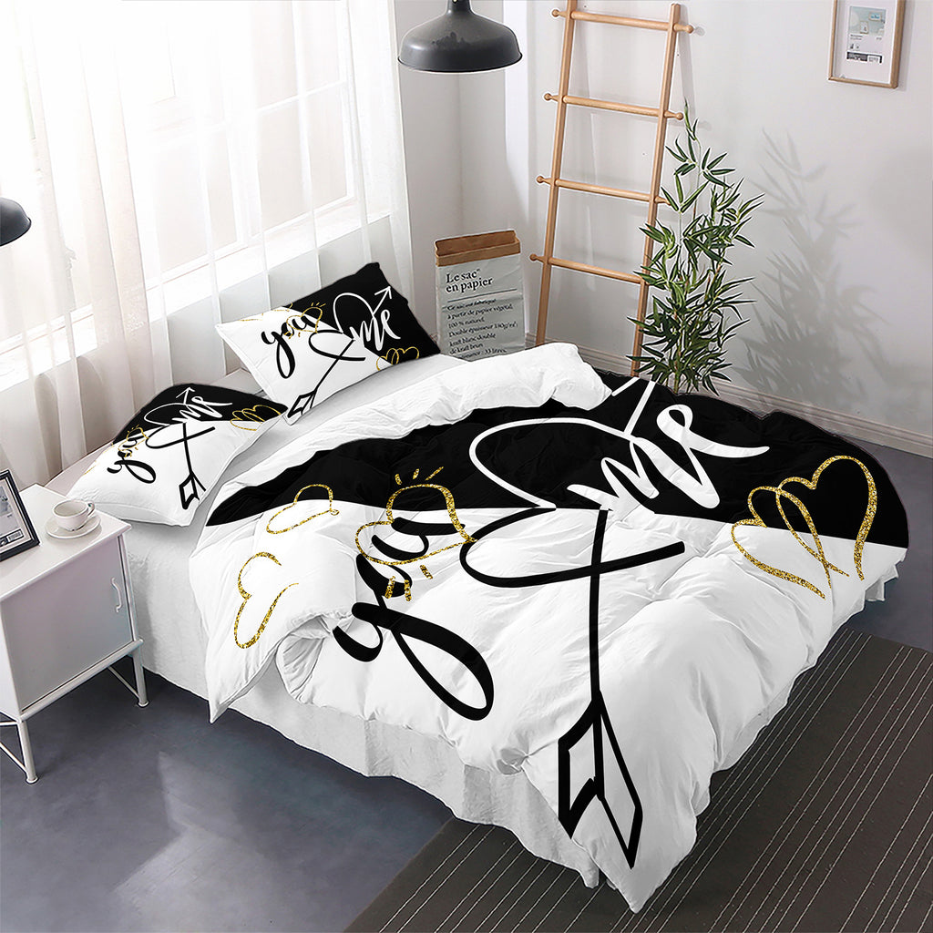 3pcs You&Me Duvet Cover Set Romantic Couples Bedding Set Black White Bedroom Decor Four Seasons (1Duvet Cover + 2Pillowcases NO Comforter)