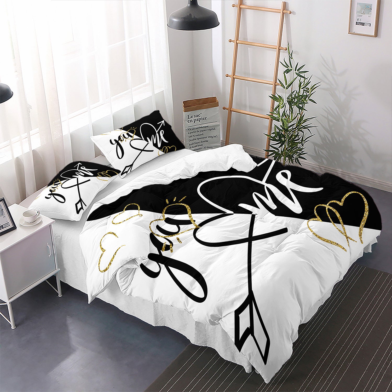 3pcs You&Me Duvet Cover Set Romantic Couples Bedding Set Black White Bedroom Decor Four Seasons (1Duvet Cover + 2Pillowcases NO Comforter)
