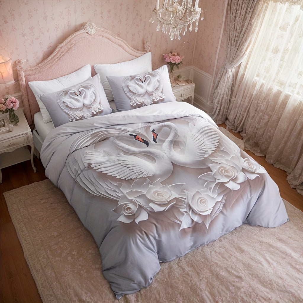 3pcs White Rose Quilt Set, 3D White Swan Lovers Love Bedding Set, Romantic Rose Print Lovers Bedding, 1 Quilt Cover And 2 Pillowcases, Romantic Love Cool And Comfortable Machine Washable