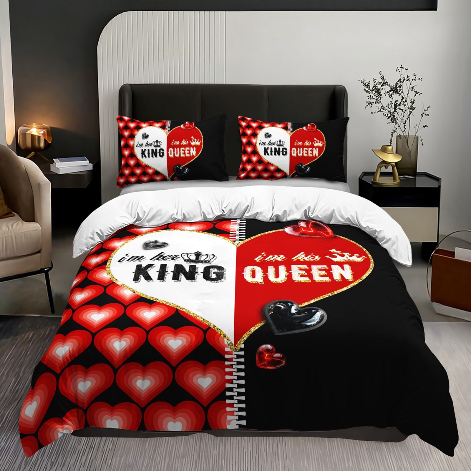 3pcs Red Heart King Queen Duvet Cover Couples Bedding Set Romantic Bedroom Decor Four Seasons (1Duvet Cover + 2Pillowcases NO Comforter)