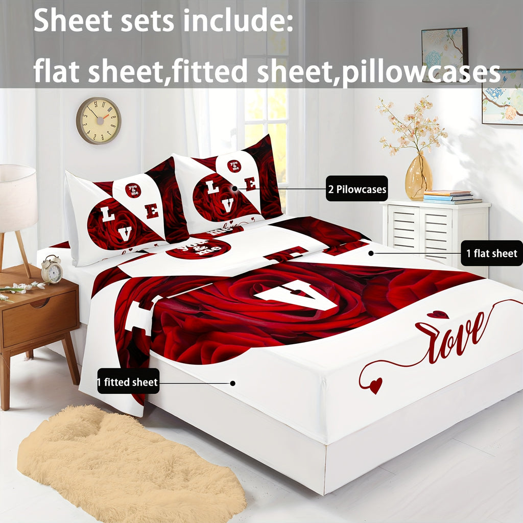 4pcs Red And White Roses Sheet Set, Heart Shaped Valentine'S Day Couples Bedding With Flat Sheet, Duvet Cover And 2 Pillowcases - Breathable, Suitable For All Seasons, Suitable For Bedroom, Guest Room And Hotel