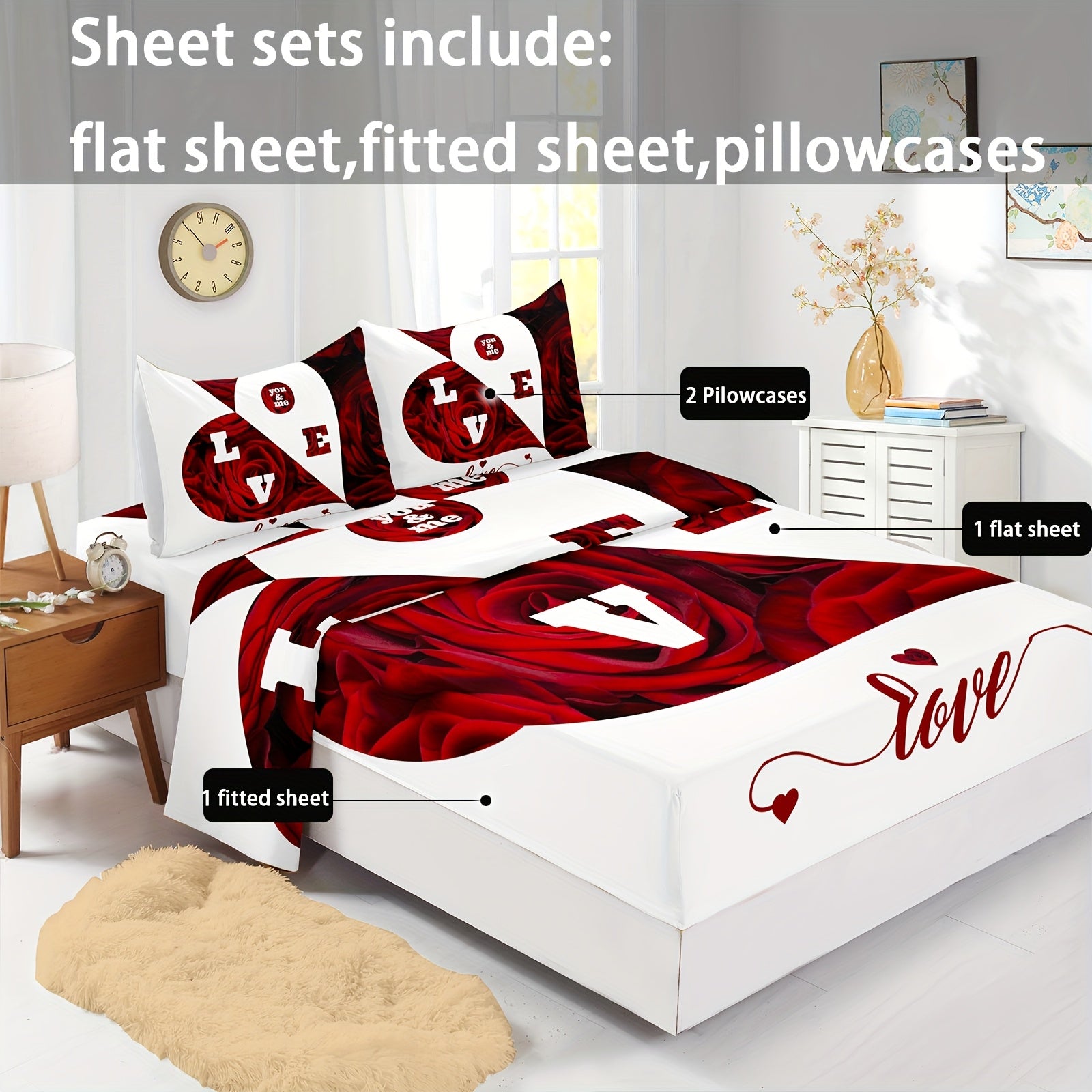 4pcs Red And White Roses Sheet Set, Heart Shaped Valentine'S Day Couples Bedding With Flat Sheet, Duvet Cover And 2 Pillowcases - Breathable, Suitable For All Seasons, Suitable For Bedroom, Guest Room And Hotel
