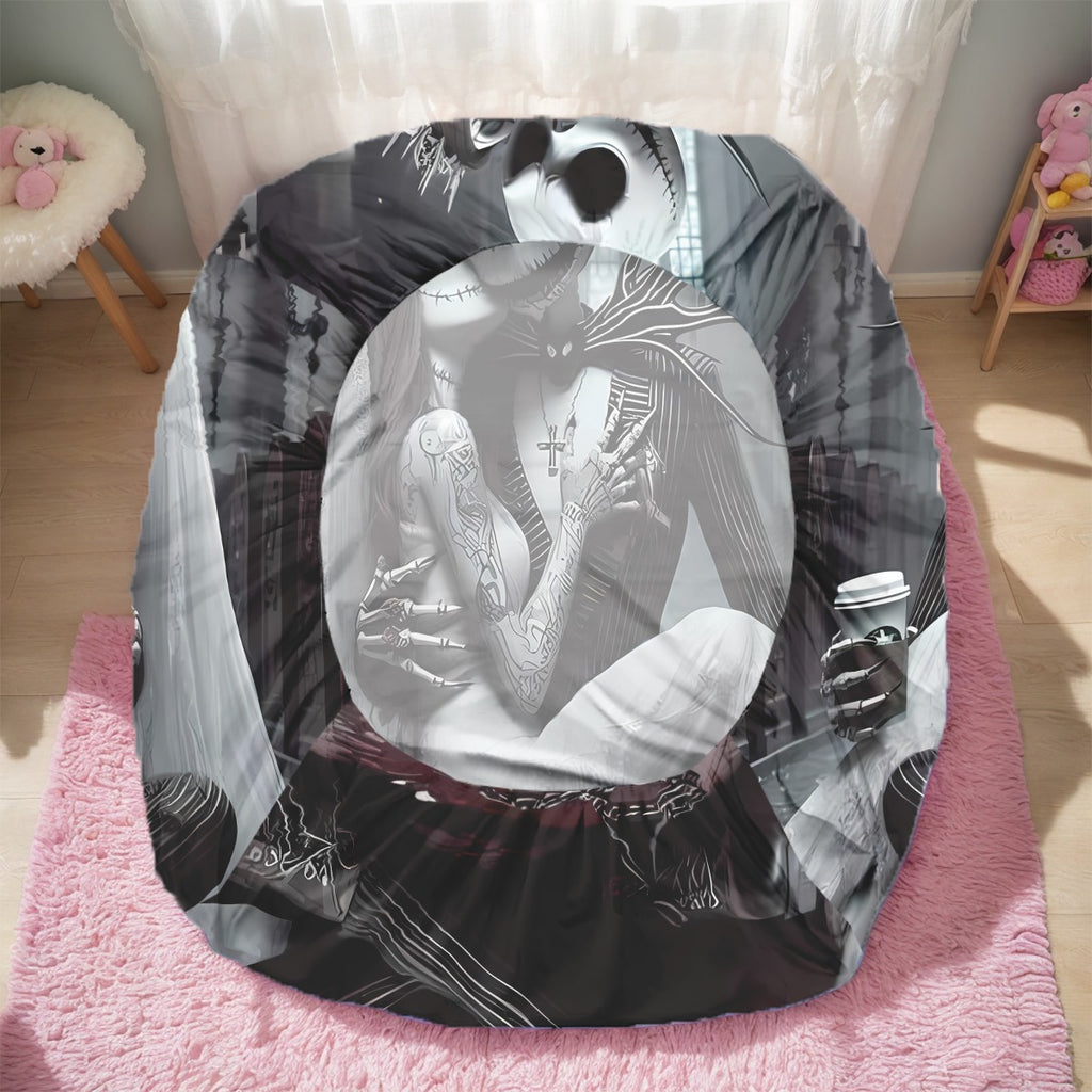 3pcs Disney Jack and Sally themed fitted sheet set for bed bedroom decor design unique art couple love story (1*Fitted Sheet+2*Pillowcase, Without Core), Suitable for Bedding Decoration Mattress Cover Set