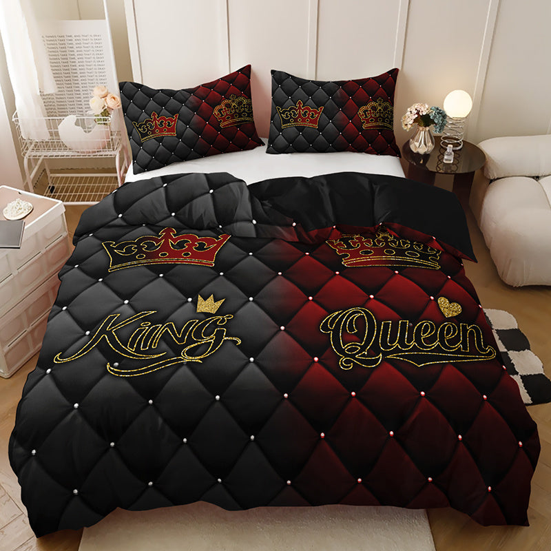 2/3pcs King and Queen Luxury Dark Red Golden Crown Bedding Set, 1 Fitted Sheet + 1/2 Pillowcases (Excluding Pillows), High-Definition Print for All Seasons, Home & Dorm Use