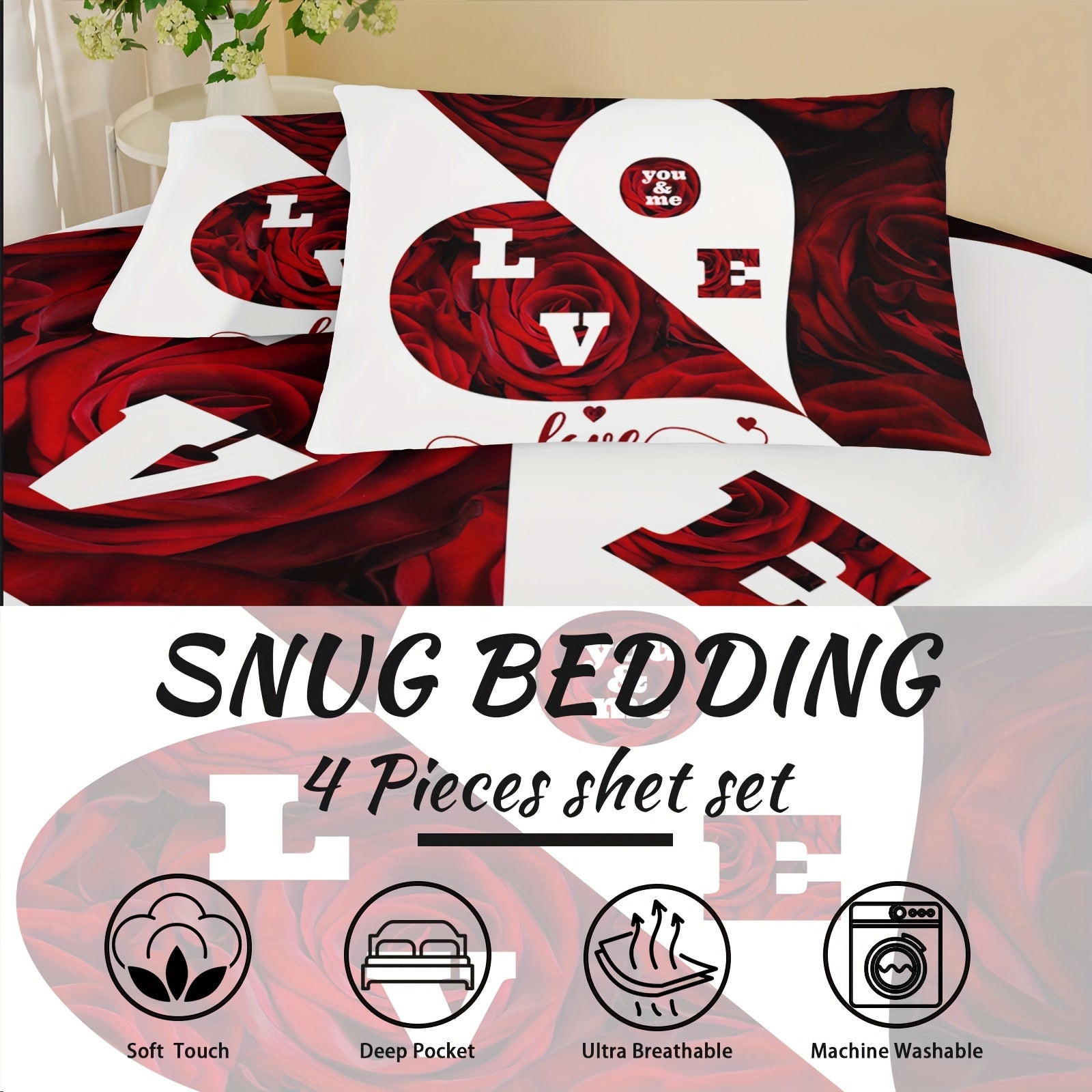 4pcs Red And White Roses Sheet Set, Heart Shaped Valentine'S Day Couples Bedding With Flat Sheet, Duvet Cover And 2 Pillowcases - Breathable, Suitable For All Seasons, Suitable For Bedroom, Guest Room And Hotel