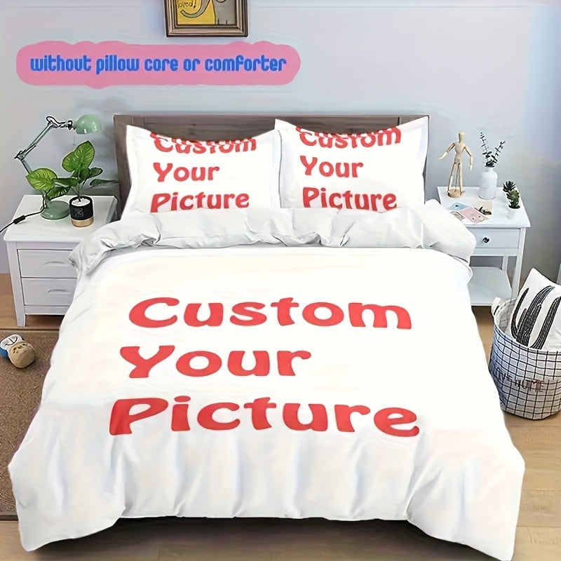 Custom 3pcs Bedding Set with Personalized Photo, Includes 1 Duvet Cover and 2 Pillowcases, Soft Breathable Polyester Down Comforter Cover and Pillowcase, Zipper Closure, Machine Washable, Suitable for Bedroom or Guest Room All-Season Comfort
