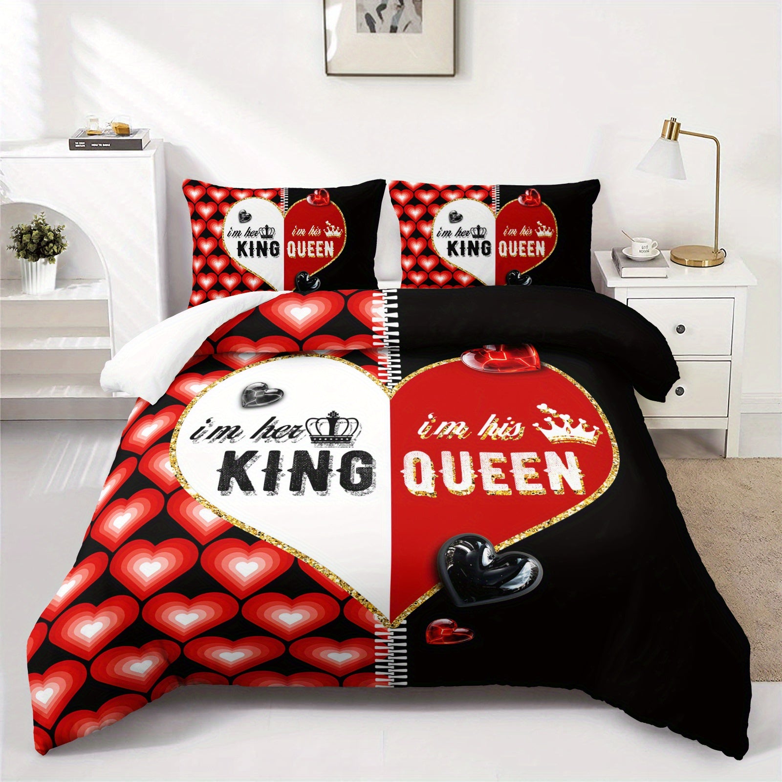 3pcs Red Heart King Queen Duvet Cover Couples Bedding Set Romantic Bedroom Decor Four Seasons (1Duvet Cover + 2Pillowcases NO Comforter)