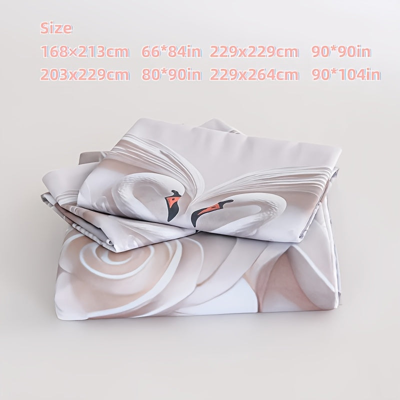 3pcs White Rose Quilt Set, 3D White Swan Lovers Love Bedding Set, Romantic Rose Print Lovers Bedding, 1 Quilt Cover And 2 Pillowcases, Romantic Love Cool And Comfortable Machine Washable