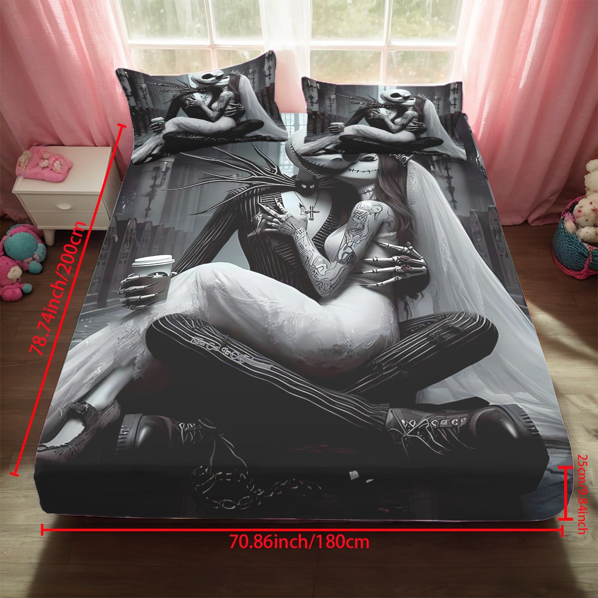 3pcs Disney Jack and Sally themed fitted sheet set for bed bedroom decor design unique art couple love story (1*Fitted Sheet+2*Pillowcase, Without Core), Suitable for Bedding Decoration Mattress Cover Set