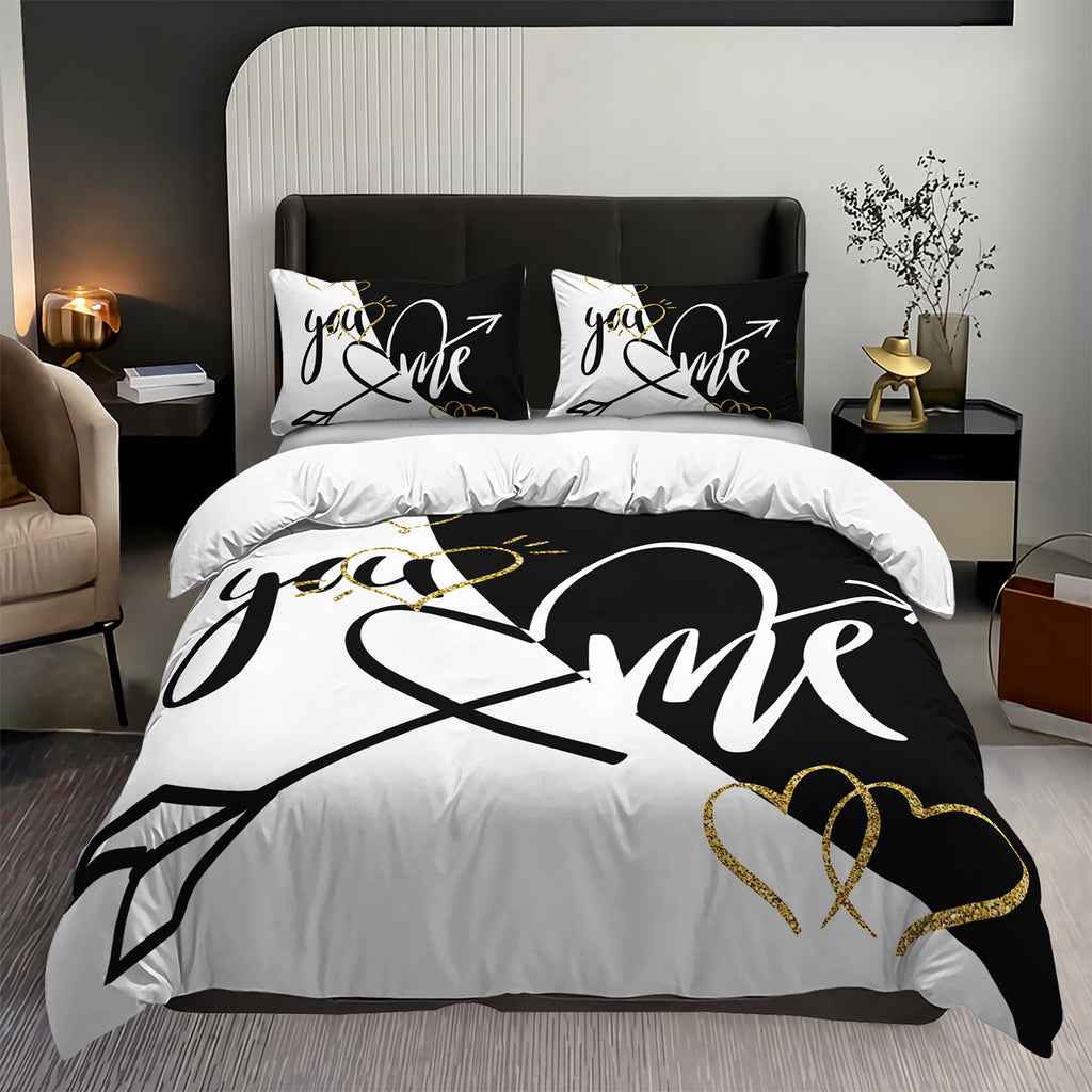 3pcs You&Me Duvet Cover Set Romantic Couples Bedding Set Black White Bedroom Decor Four Seasons (1Duvet Cover + 2Pillowcases NO Comforter)