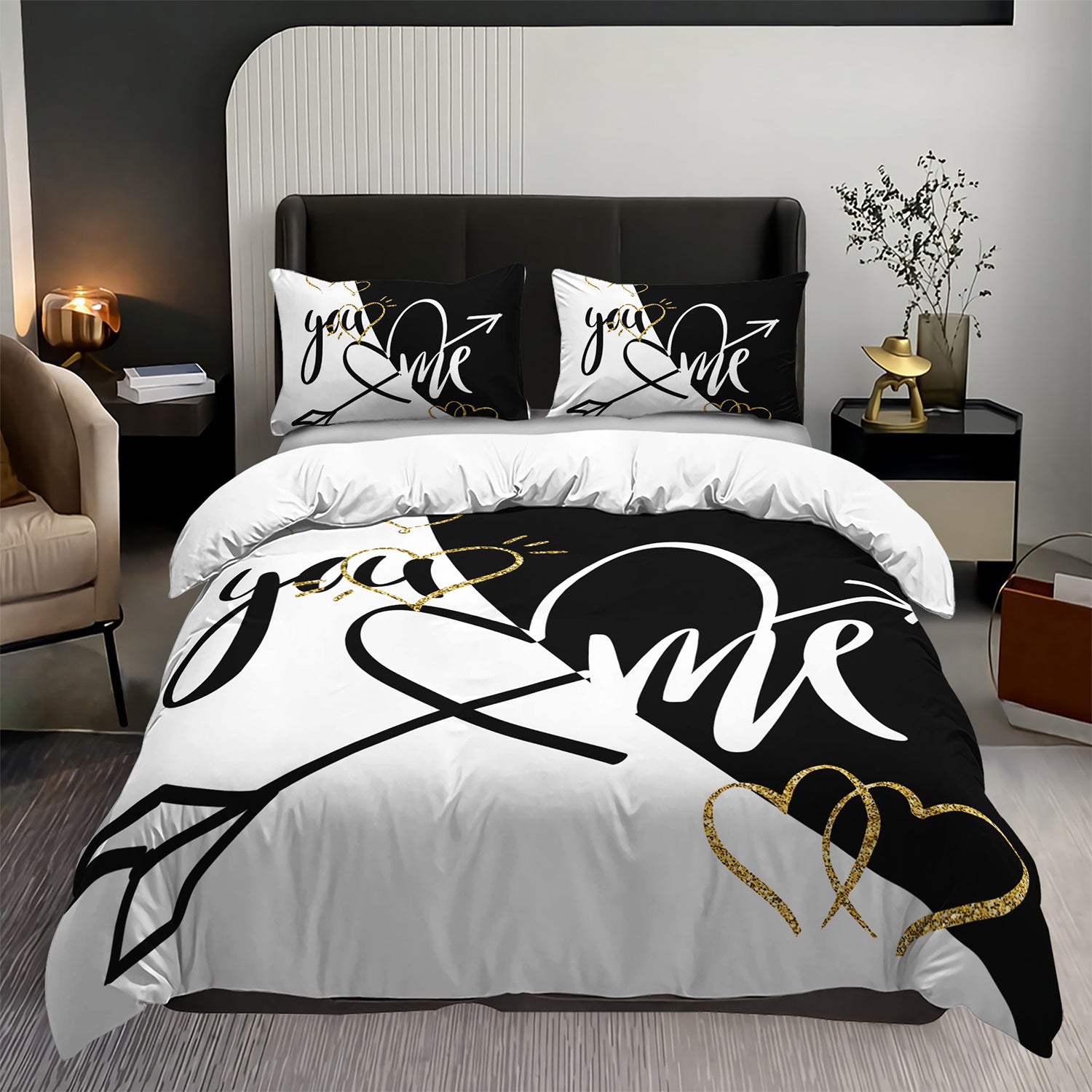 3pcs You&Me Duvet Cover Set Romantic Couples Bedding Set Black White Bedroom Decor Four Seasons (1Duvet Cover + 2Pillowcases NO Comforter)