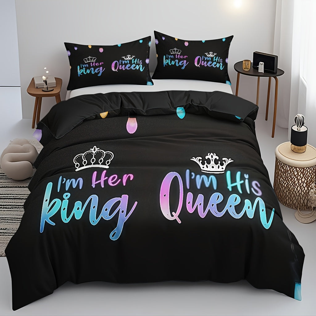 3pcs Couple Duvet Cover Set, Soft High-Definition Digital Print, Black With Colorful Text, Breathable Polyester, Perfect Gift For All Seasons, Machine Washable (1 Duvet Cover + 2 Pillowcases, No Insert)
