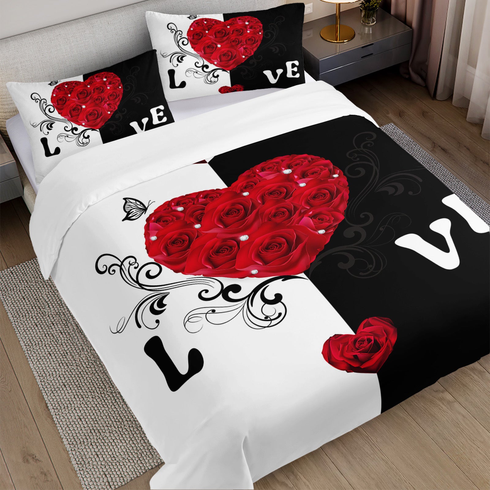 3pcs Red Roses Duvet Cover Romantic Love Bedding Set Couple Bed Set Valentine'S Day Bedroom Decor Four Seasons (1Duvet Cover + 2Pillowcase NO Comforter)