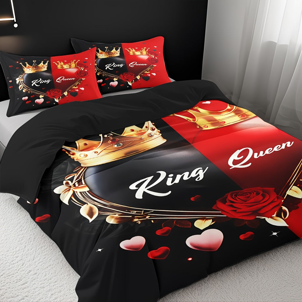 3pcs Comfortable King And Queen Theme Bedding Set, Soft High-Definition Digital Print, Cozy Romantic Black And Red Color, Perfect Gift, All-Season Use! Machine Washable (1 Duvet Cover + 2 Pillowcases, No Filling)