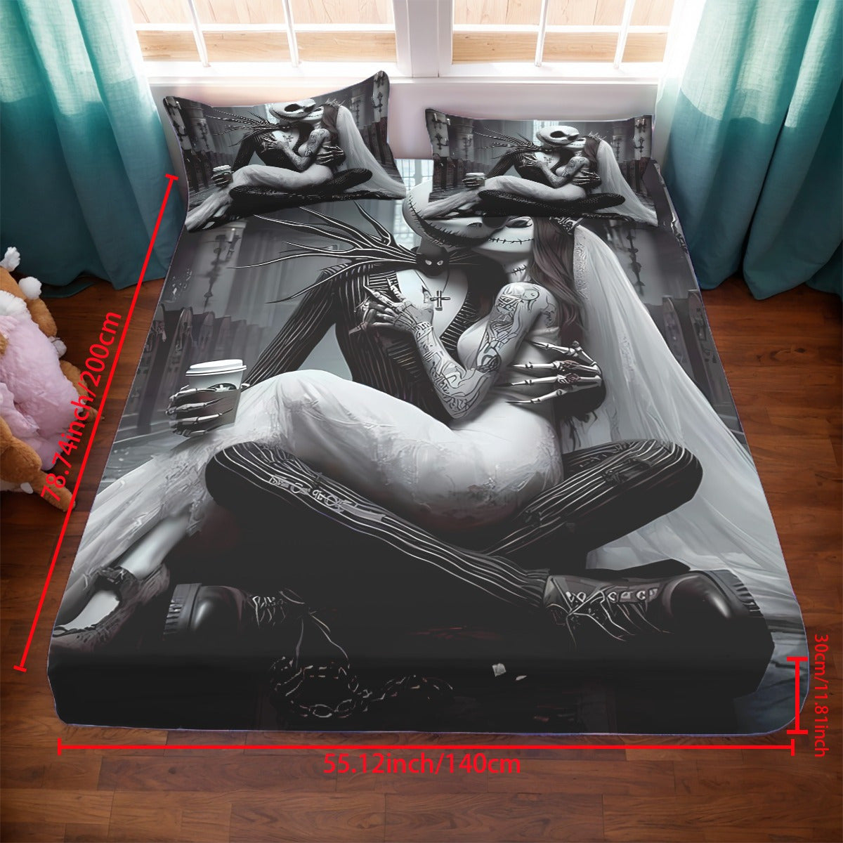 3pcs Disney Jack and Sally themed fitted sheet set for bed bedroom decor design unique art couple love story (1*Fitted Sheet+2*Pillowcase, Without Core), Suitable for Bedding Decoration Mattress Cover Set