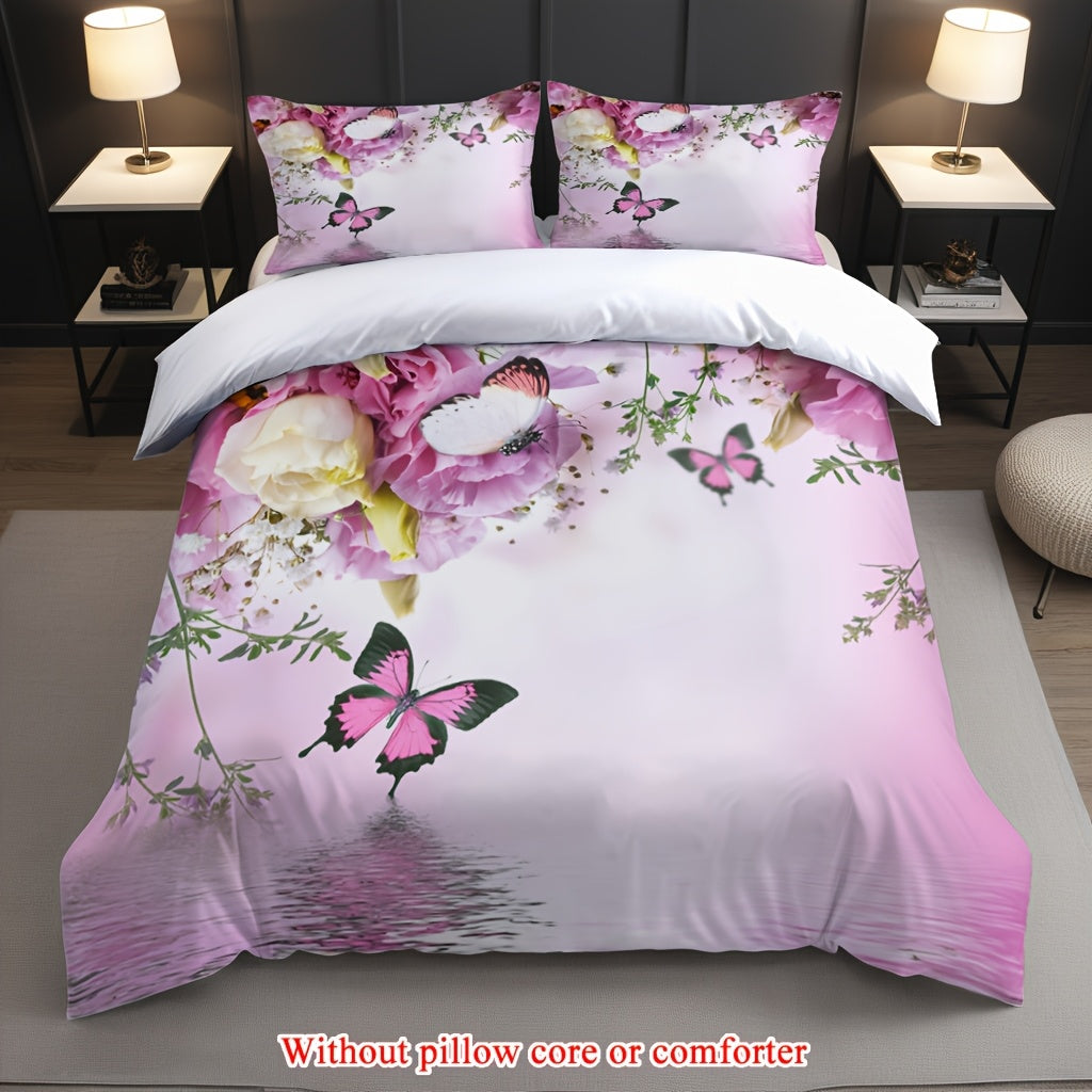 2/3pcs (1 Duvet Cover + 1/2 Pillowcase, Without Core) Pink Rose Flowers Sparkling Butterfly Green Branches and Leaves Ripple Romantic Valentine's Day Wishes for Couples 3D Print Soft Comfortable Bedding Set for Bedroom Dorm Room Family Gift