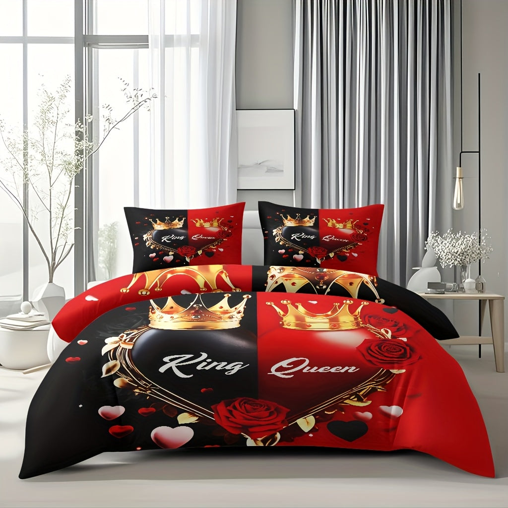 3pcs Comfortable King And Queen Theme Bedding Set, Soft High-Definition Digital Print, Cozy Romantic Black And Red Color, Perfect Gift, All-Season Use! Machine Washable (1 Duvet Cover + 2 Pillowcases, No Filling)