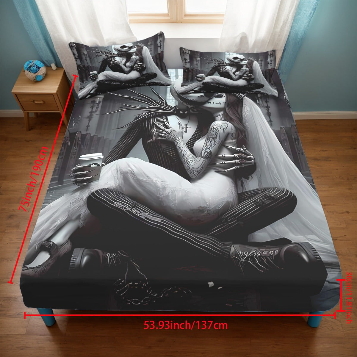 3pcs Disney Jack and Sally themed fitted sheet set for bed bedroom decor design unique art couple love story (1*Fitted Sheet+2*Pillowcase, Without Core), Suitable for Bedding Decoration Mattress Cover Set