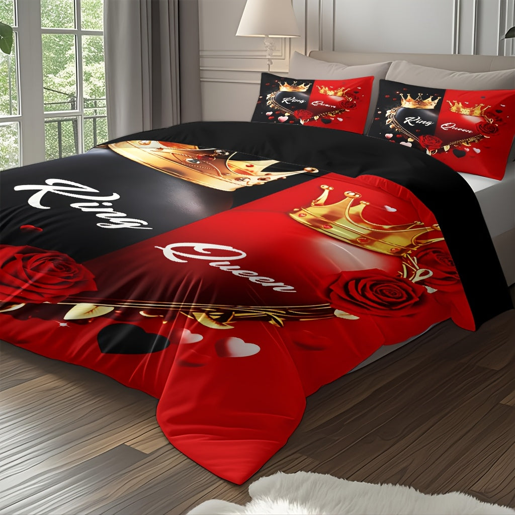 3pcs Comfortable King And Queen Theme Bedding Set, Soft High-Definition Digital Print, Cozy Romantic Black And Red Color, Perfect Gift, All-Season Use! Machine Washable (1 Duvet Cover + 2 Pillowcases, No Filling)