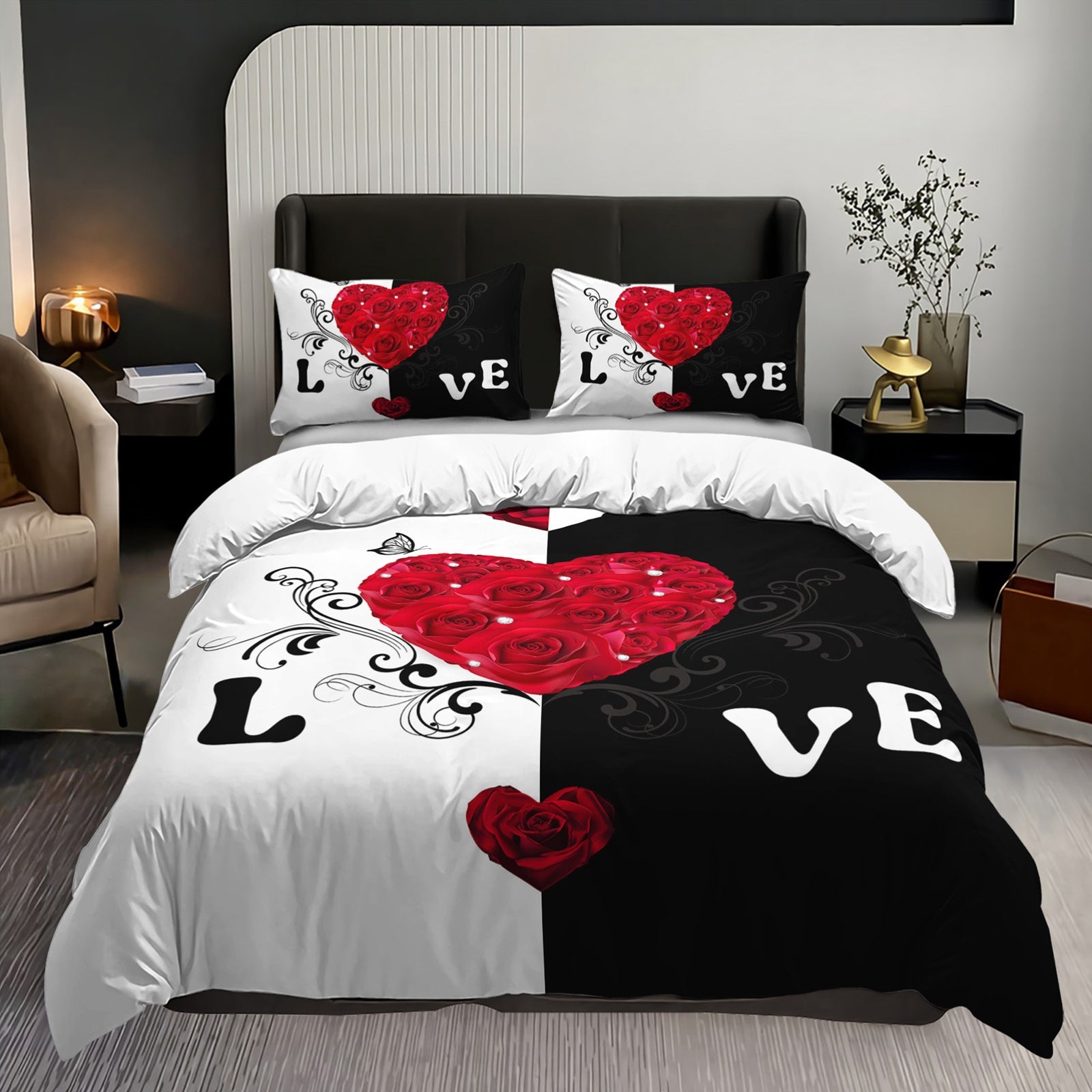 3pcs Red Roses Duvet Cover Romantic Love Bedding Set Couple Bed Set Valentine'S Day Bedroom Decor Four Seasons (1Duvet Cover + 2Pillowcase NO Comforter)