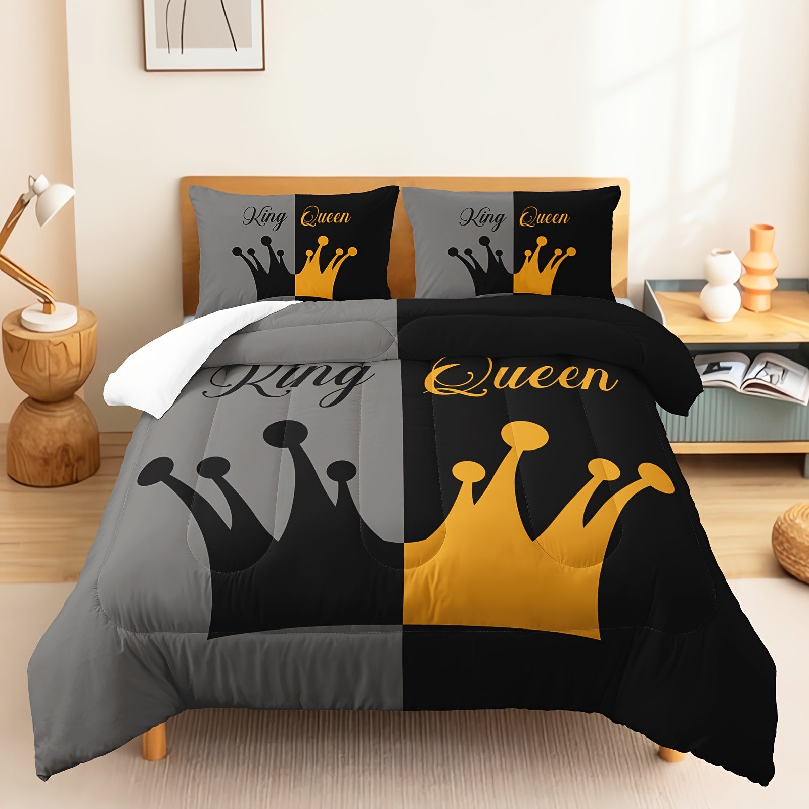 3pcs Crown Comforter Set Queen Size, King And Queen Comforter, Couple Bedding For Women Husband Wife Mr Mrs, Heart Shape Quilt With 2 Pillowcases