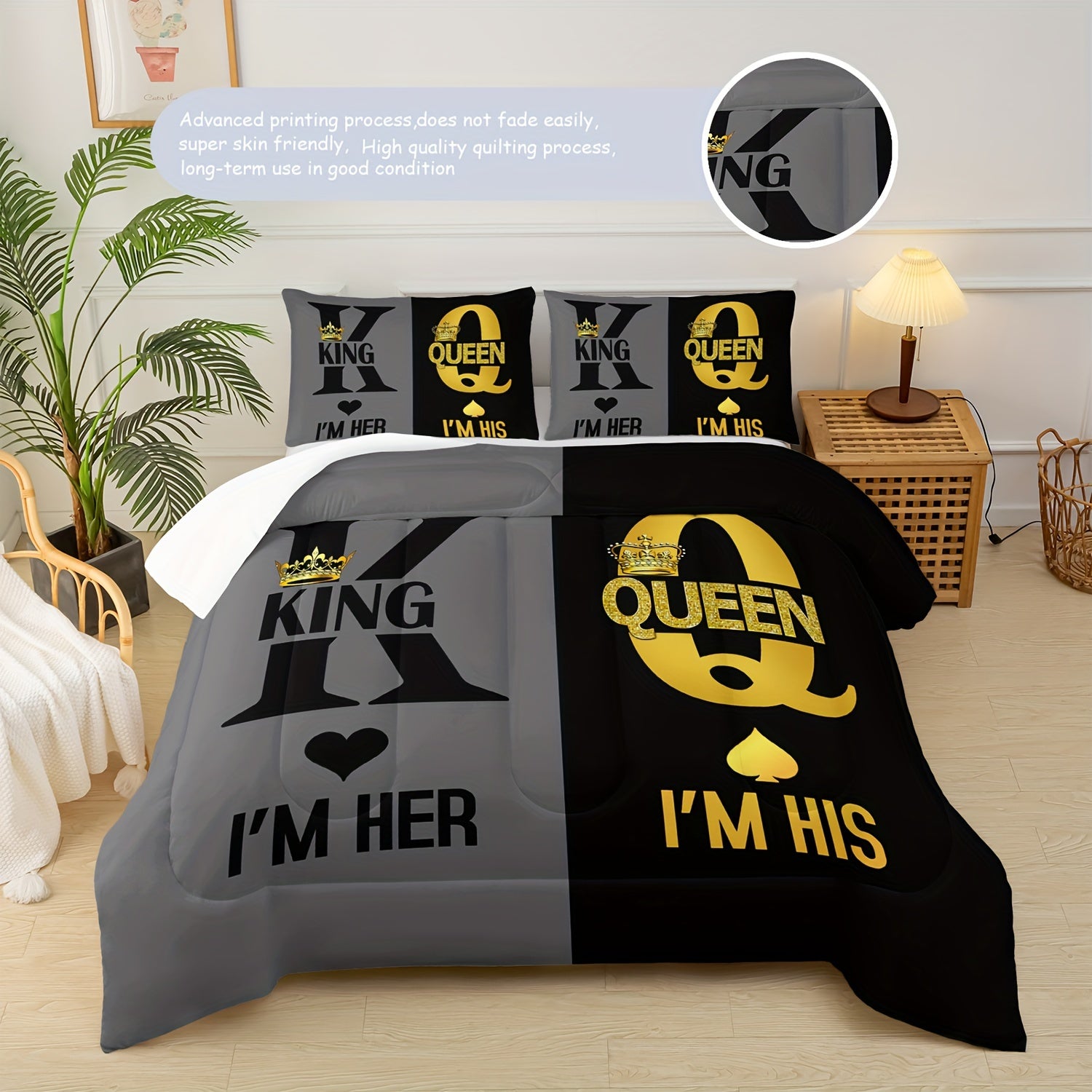 King And Queen Comforter Set Love Bedding Couple's Comforter 3-Piece Set (1 Bed Comforter + 2 Pillowcases), Black And Gold Comforter Set Four Seasons Comforter, Soft, Comfortable And Breathable Printed Bedding For Home Dorm Decoration