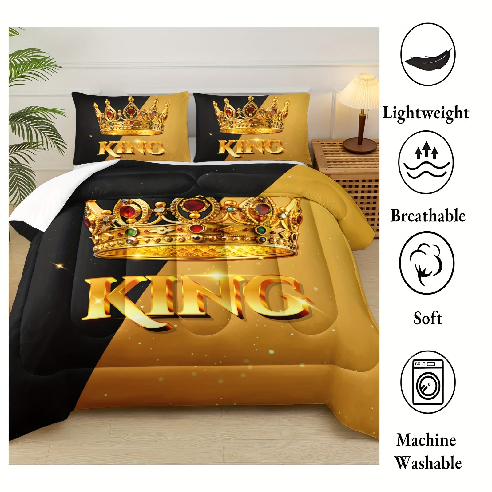3pcs Crown Queen And King Quilt Set, His And Hers Matching Couple Bedding Set, Lover Mr Mrs Valentine'S Day Theme Black And Yellow Bedding Set, Ruby Crown Print Wedding Room Decor, 1 Comforter+2 Pillowcases (without Pillow Core)