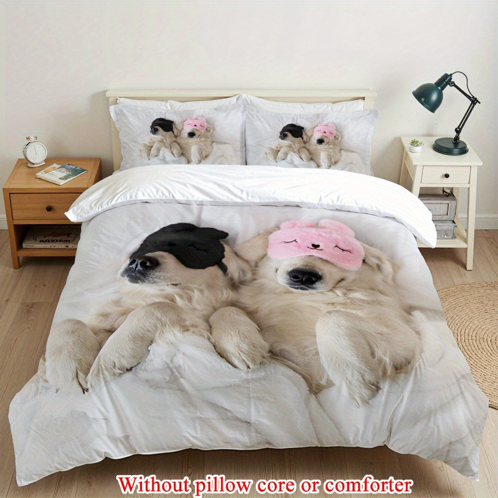 2/3pcs (1 Duvet Cover + 1/2 Pillowcase, Without Core) Couple Valentine's Day Romantic Golden Retriever Two adorable pet dogs lying on a white bed wearing eye masks funny Print Soft Comfortable Bedding Set for Bedroom Dorm Room Family Gift