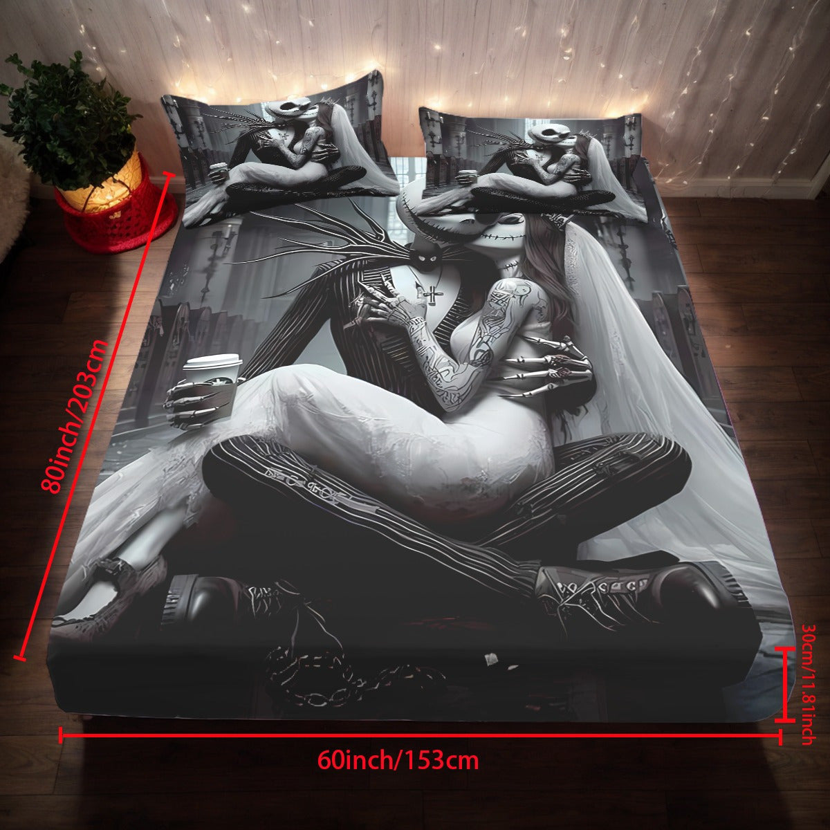 3pcs Disney Jack and Sally themed fitted sheet set for bed bedroom decor design unique art couple love story (1*Fitted Sheet+2*Pillowcase, Without Core), Suitable for Bedding Decoration Mattress Cover Set