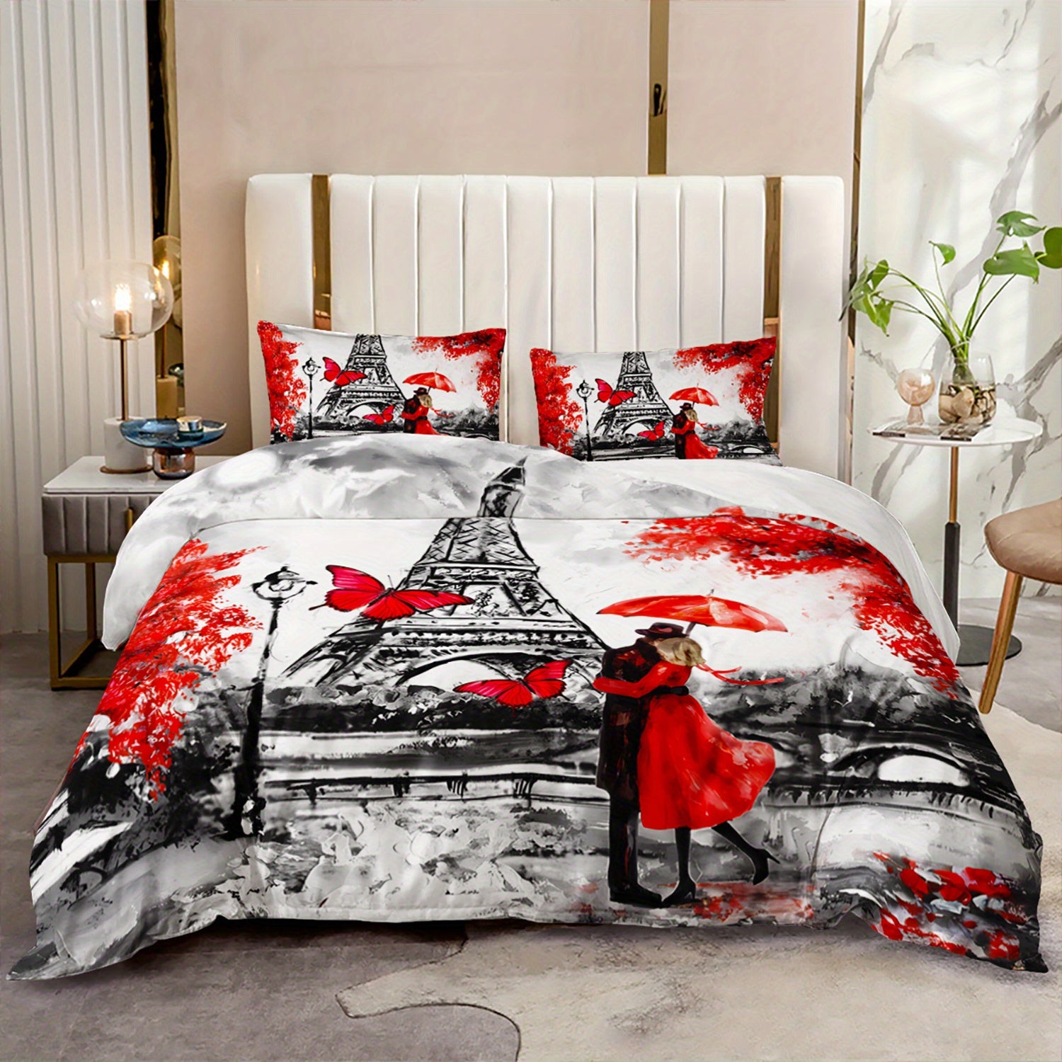 3pcs Paris Eiffel Tower Romantic Couple 3D Digital Printed Duvet Cover SetParisian Love Bedding Set for Four SeasonRed & Black Bedding for Bedroom or Guest Room DecorPolyester Comforter Cover Gift 1 Quilt Cover+2 Pillowcases