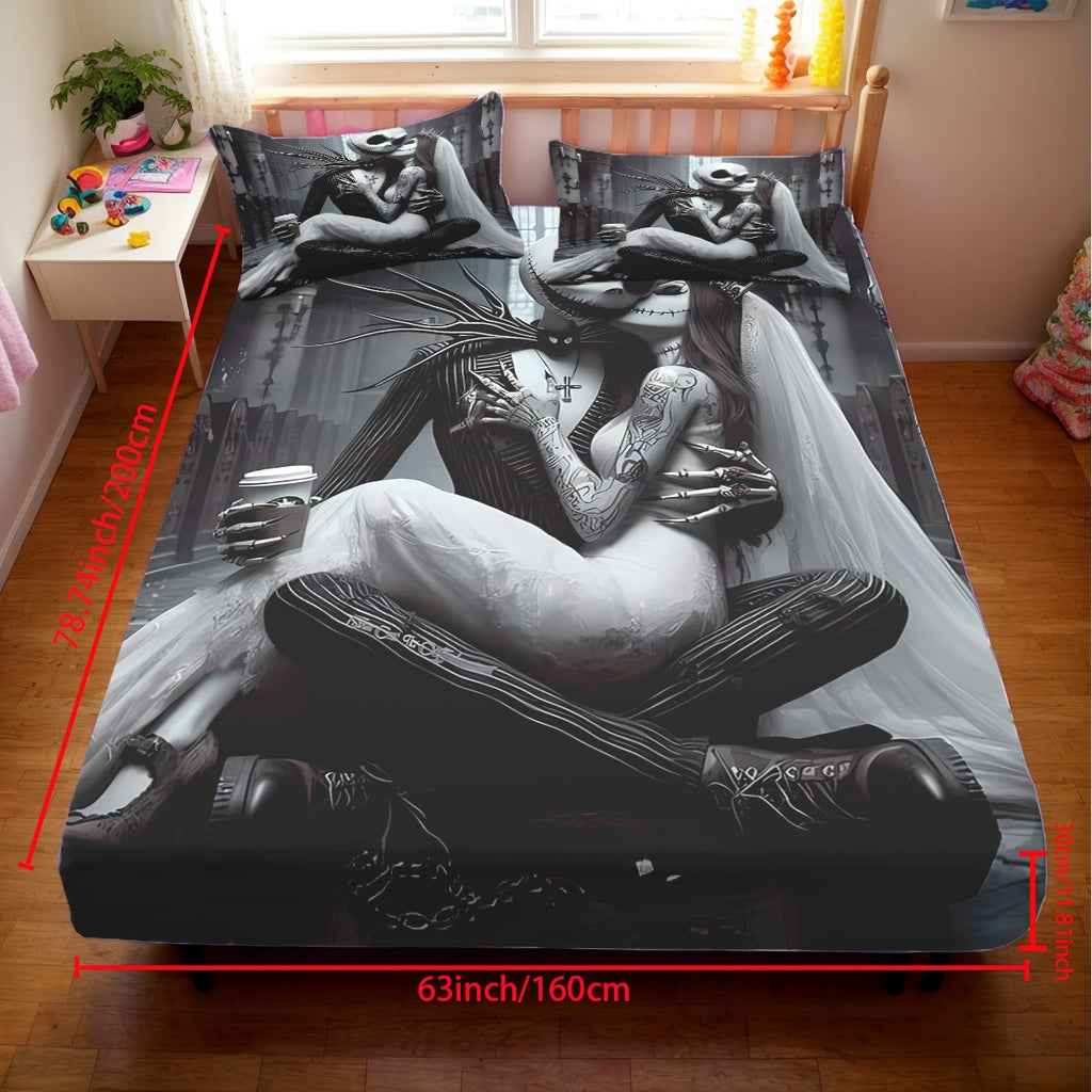 3pcs Disney Jack and Sally themed fitted sheet set for bed bedroom decor design unique art couple love story (1*Fitted Sheet+2*Pillowcase, Without Core), Suitable for Bedding Decoration Mattress Cover Set