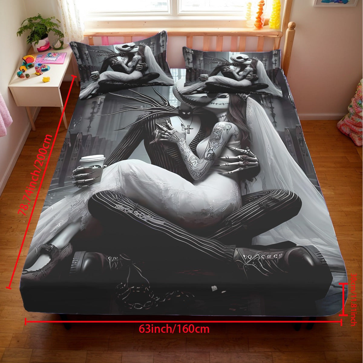 3pcs Disney Jack and Sally themed fitted sheet set for bed bedroom decor design unique art couple love story (1*Fitted Sheet+2*Pillowcase, Without Core), Suitable for Bedding Decoration Mattress Cover Set